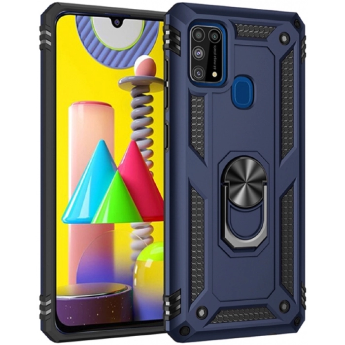 Samsung Galaxy M31 Kılıf Silikon Zırhlı Standlı Yüzüklü Mıknatıslı Tank Kapak - Lacivert