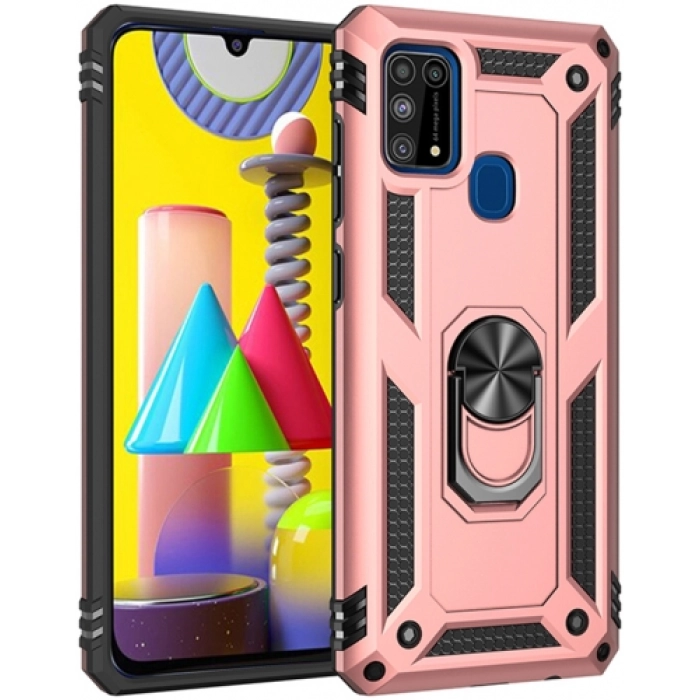 Samsung Galaxy M31 Kılıf Silikon Zırhlı Standlı Yüzüklü Mıknatıslı Tank Kapak - Rose Gold