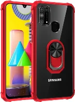 Samsung Galaxy M31 Kılıf Standlı Arkası Şeffaf Kenarları Airbag Kapak - Kırmızı