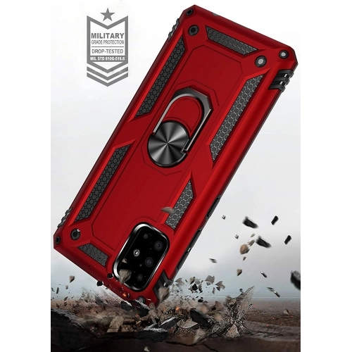 Samsung Galaxy M31s Kılıf Silikon Zırhlı Standlı Yüzüklü Mıknatıslı Tank Kapak - Kırmızı
