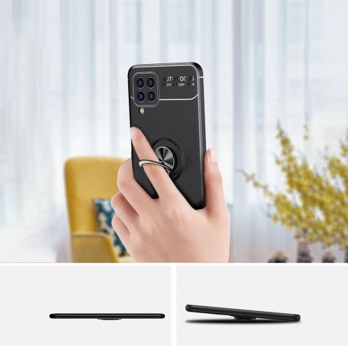 Samsung Galaxy M32 Kılıf Renkli Silikon Yüzüklü Standlı Auto Focus Ravel Kapak - Kırmızı - Siyah