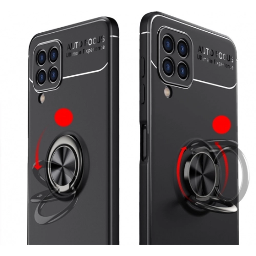 Samsung Galaxy M32 Kılıf Renkli Silikon Yüzüklü Standlı Auto Focus Ravel Kapak - Kırmızı - Siyah