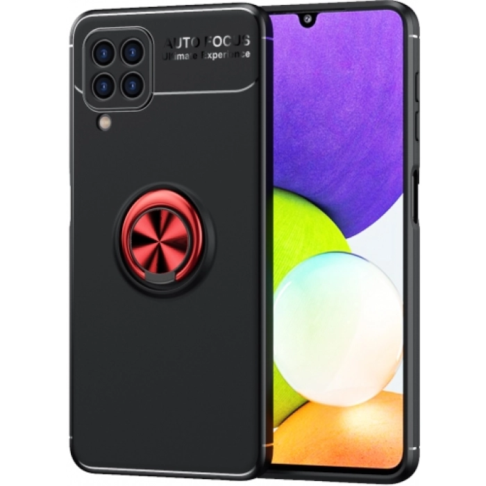 Samsung Galaxy M32 Kılıf Renkli Silikon Yüzüklü Standlı Auto Focus Ravel Kapak - Kırmızı - Siyah