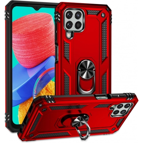 Samsung Galaxy M33 5G Kılıf Silikon Zırhlı Standlı Yüzüklü Mıknatıslı Tank Kapak - Kırmızı