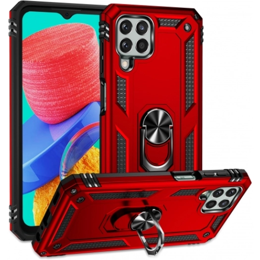 Samsung Galaxy M33 5G Kılıf Silikon Zırhlı Standlı Yüzüklü Mıknatıslı Tank Kapak - Kırmızı