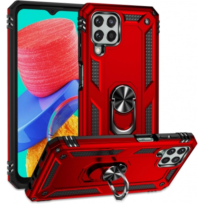 Samsung Galaxy M33 5G Kılıf Silikon Zırhlı Standlı Yüzüklü Mıknatıslı Tank Kapak - Kırmızı
