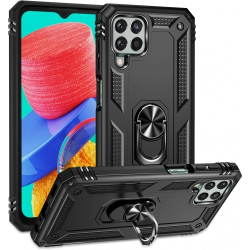 Samsung Galaxy M33 5G Kılıf Silikon Zırhlı Standlı Yüzüklü Mıknatıslı Tank Kapak - Siyah