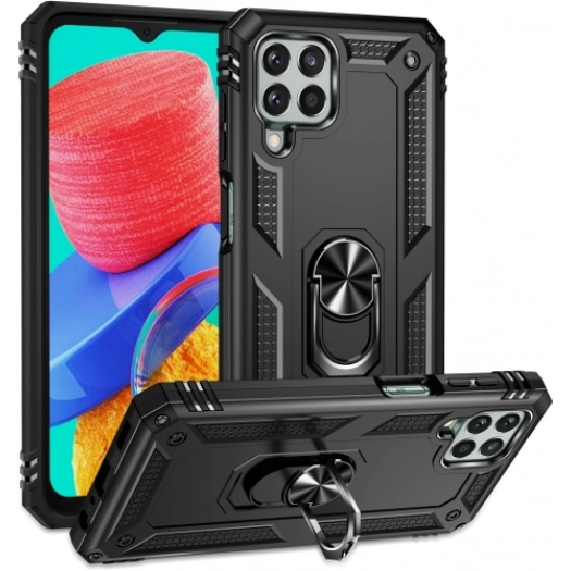 Samsung Galaxy M33 5G Kılıf Silikon Zırhlı Standlı Yüzüklü Mıknatıslı Tank Kapak - Siyah