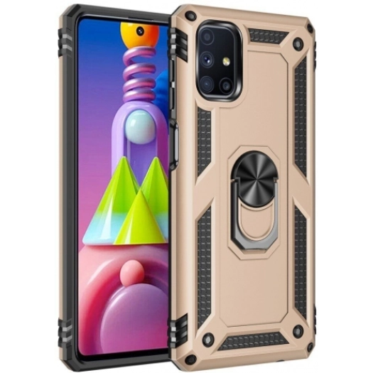 Samsung Galaxy M51 Kılıf Silikon Zırhlı Standlı Yüzüklü Mıknatıslı Tank Kapak - Gold