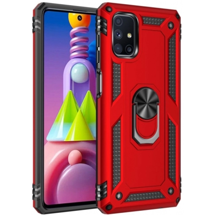 Samsung Galaxy M51 Kılıf Silikon Zırhlı Standlı Yüzüklü Mıknatıslı Tank Kapak - Kırmızı