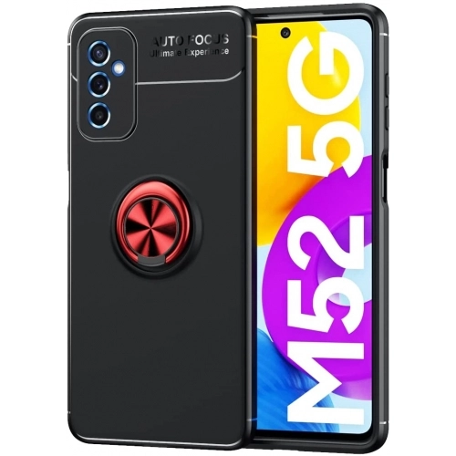 Samsung Galaxy M52 Kılıf Renkli Silikon Yüzüklü Standlı Auto Focus Ravel Kapak - Kırmızı - Siyah