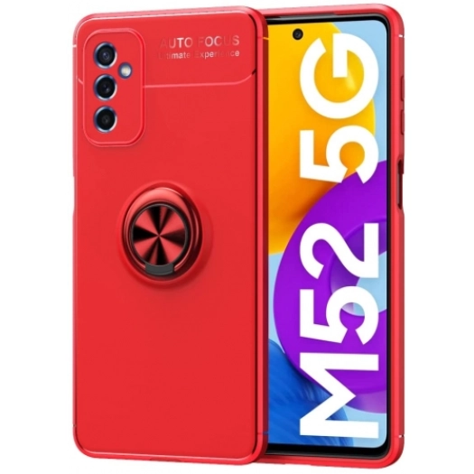 Samsung Galaxy M52 Kılıf Renkli Silikon Yüzüklü Standlı Auto Focus Ravel Kapak - Kırmızı