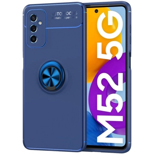 Samsung Galaxy M52 Kılıf Renkli Silikon Yüzüklü Standlı Auto Focus Ravel Kapak - Mavi