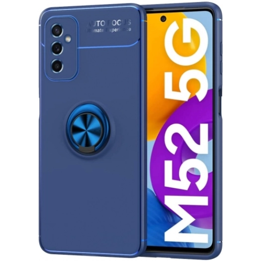 Samsung Galaxy M52 Kılıf Renkli Silikon Yüzüklü Standlı Auto Focus Ravel Kapak - Mavi