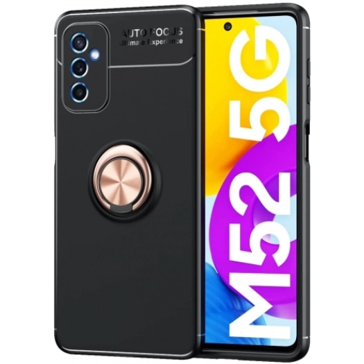 Samsung Galaxy M52 Kılıf Renkli Silikon Yüzüklü Standlı Auto Focus Ravel Kapak - Rose Gold
