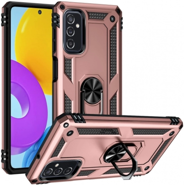 Samsung Galaxy M52 Kılıf Silikon Zırhlı Standlı Yüzüklü Mıknatıslı Tank Kapak - Rose Gold