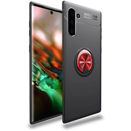 Samsung Galaxy Note 10 Kılıf Renkli Silikon Yüzüklü Standlı Auto Focus Ravel Kapak - Kırmızı - Siyah