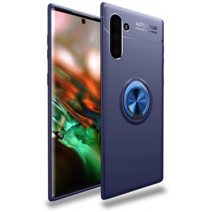 Samsung Galaxy Note 10 Kılıf Renkli Silikon Yüzüklü Standlı Auto Focus Ravel Kapak - Mavi