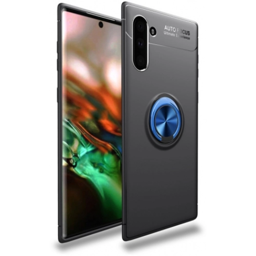 Samsung Galaxy Note 10 Kılıf Renkli Silikon Yüzüklü Standlı Auto Focus Ravel Kapak - Mavi - Siyah