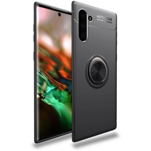 Samsung Galaxy Note 10 Kılıf Renkli Silikon Yüzüklü Standlı Auto Focus Ravel Kapak - Siyah