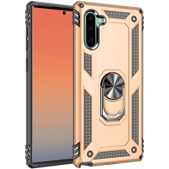 Samsung Galaxy Note 10 Kılıf Silikon Zırhlı Standlı Yüzüklü Mıknatıslı Tank Kapak - Gold
