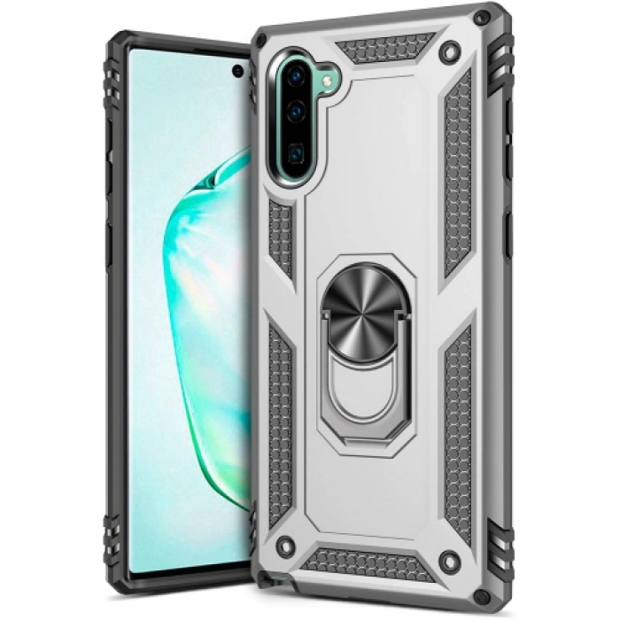 Samsung Galaxy Note 10 Kılıf Silikon Zırhlı Standlı Yüzüklü Mıknatıslı Tank Kapak - Gri