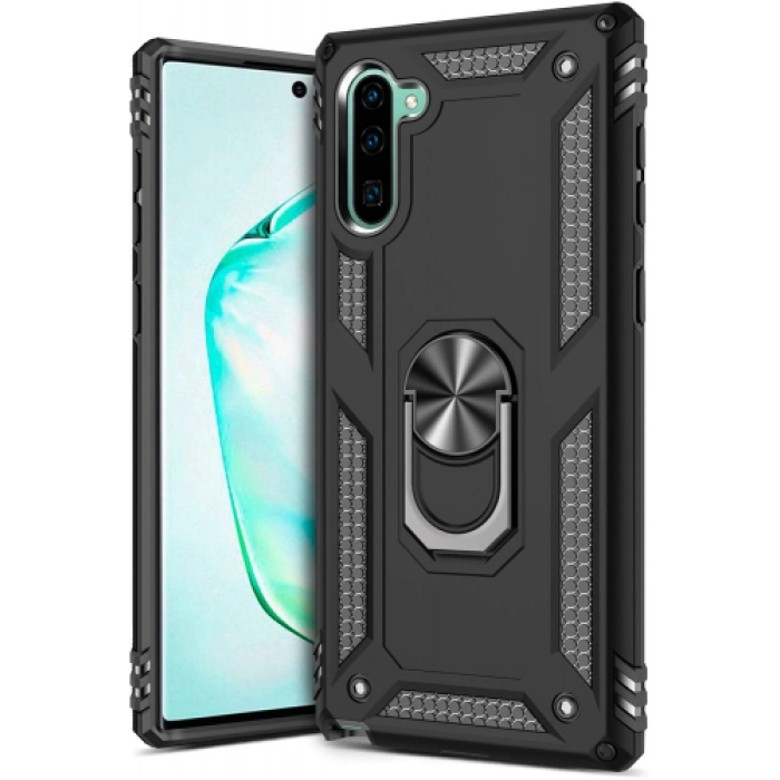 Samsung Galaxy Note 10 Kılıf Silikon Zırhlı Standlı Yüzüklü Mıknatıslı Tank Kapak - Siyah