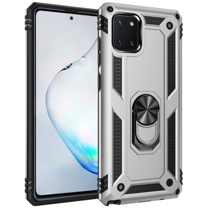 Samsung Galaxy Note 10 Lite Kılıf Silikon Zırhlı Standlı Yüzüklü Mıknatıslı Tank Kapak - Gri