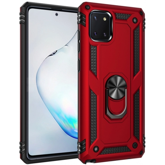 Samsung Galaxy Note 10 Lite Kılıf Silikon Zırhlı Standlı Yüzüklü Mıknatıslı Tank Kapak - Kırmızı
