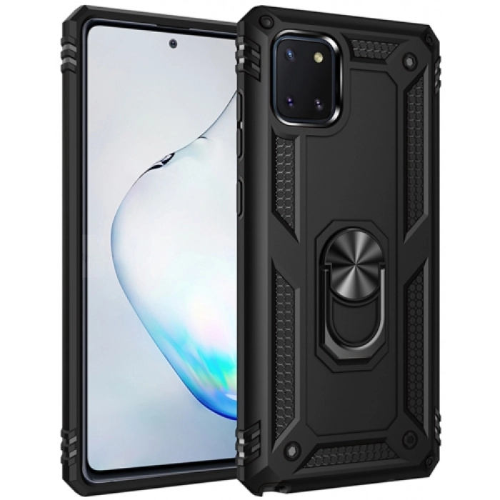 Samsung Galaxy Note 10 Lite Kılıf Silikon Zırhlı Standlı Yüzüklü Mıknatıslı Tank Kapak - Siyah