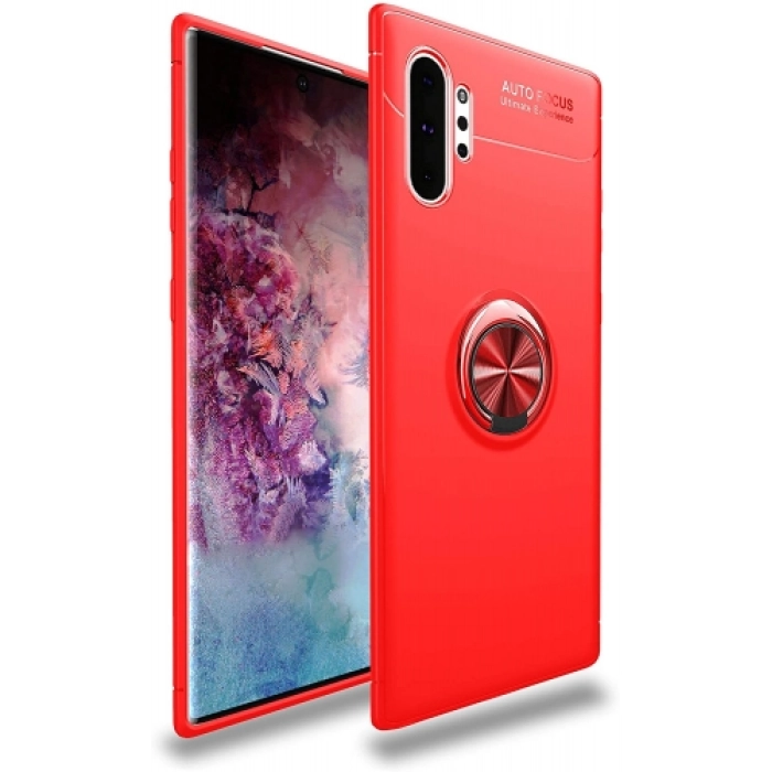 Samsung Galaxy Note 10 Plus Kılıf Renkli Silikon Yüzüklü Standlı Auto Focus Ravel Kapak - Kırmızı