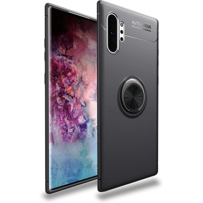Samsung Galaxy Note 10 Plus Kılıf Renkli Silikon Yüzüklü Standlı Auto Focus Ravel Kapak - Siyah