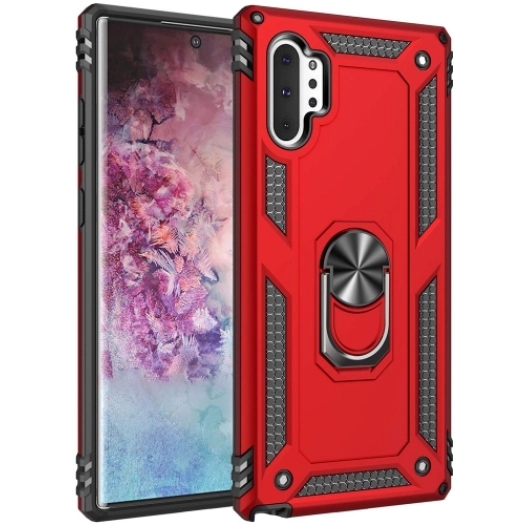 Samsung Galaxy Note 10 Plus Kılıf Silikon Zırhlı Standlı Yüzüklü Mıknatıslı Tank Kapak - Kırmızı