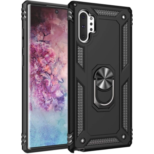 Samsung Galaxy Note 10 Plus Kılıf Silikon Zırhlı Standlı Yüzüklü Mıknatıslı Tank Kapak - Siyah