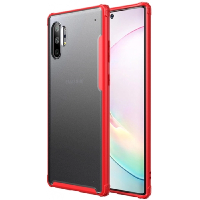 Samsung Galaxy Note 10 Plus Kılıf Volks Serisi Kenarları Silikon Arkası Şeffaf Sert Kapak - Kırmızı