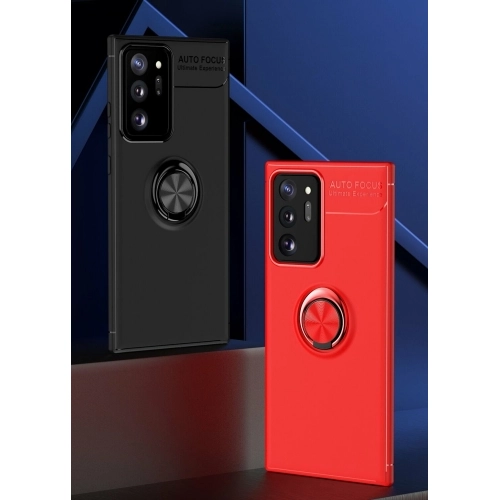 Samsung Galaxy Note 20 Kılıf Renkli Silikon Yüzüklü Standlı Auto Focus Ravel Kapak - Kırmızı - Siyah