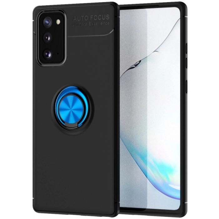 Samsung Galaxy Note 20 Kılıf Renkli Silikon Yüzüklü Standlı Auto Focus Ravel Kapak - Mavi - Siyah