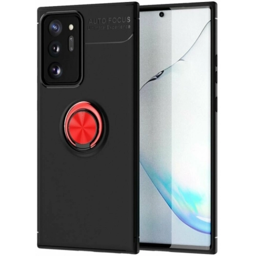 Samsung Galaxy Note 20 Ultra Kılıf Renkli Silikon Yüzüklü Standlı Auto Focus Ravel Kapak - Kırmızı - Siyah