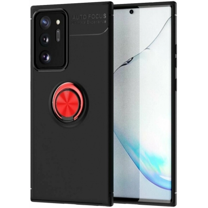 Samsung Galaxy Note 20 Ultra Kılıf Renkli Silikon Yüzüklü Standlı Auto Focus Ravel Kapak - Kırmızı - Siyah