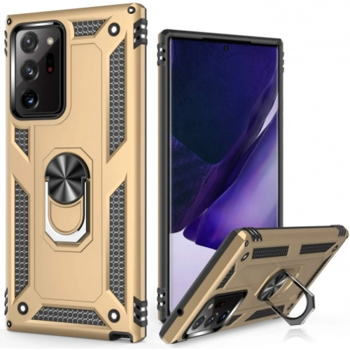 Samsung Galaxy Note 20 Ultra Kılıf Silikon Zırhlı Standlı Yüzüklü Mıknatıslı Tank Kapak - Gold