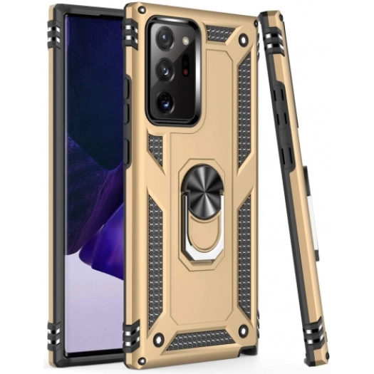 Samsung Galaxy Note 20 Ultra Kılıf Silikon Zırhlı Standlı Yüzüklü Mıknatıslı Tank Kapak - Gold