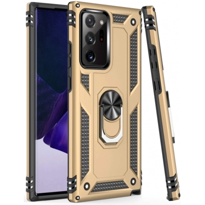 Samsung Galaxy Note 20 Ultra Kılıf Silikon Zırhlı Standlı Yüzüklü Mıknatıslı Tank Kapak - Gold