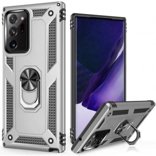 Samsung Galaxy Note 20 Ultra Kılıf Silikon Zırhlı Standlı Yüzüklü Mıknatıslı Tank Kapak - Gümüş