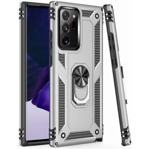 Samsung Galaxy Note 20 Ultra Kılıf Silikon Zırhlı Standlı Yüzüklü Mıknatıslı Tank Kapak - Gümüş