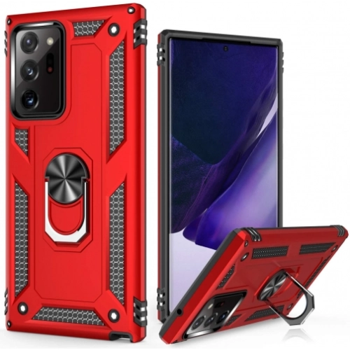 Samsung Galaxy Note 20 Ultra Kılıf Silikon Zırhlı Standlı Yüzüklü Mıknatıslı Tank Kapak - Kırmızı