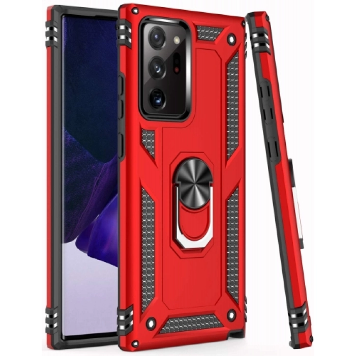 Samsung Galaxy Note 20 Ultra Kılıf Silikon Zırhlı Standlı Yüzüklü Mıknatıslı Tank Kapak - Kırmızı