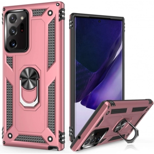 Samsung Galaxy Note 20 Ultra Kılıf Silikon Zırhlı Standlı Yüzüklü Mıknatıslı Tank Kapak - Rose Gold