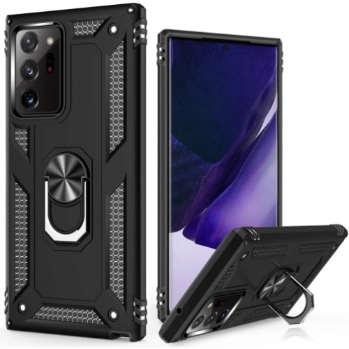 Samsung Galaxy Note 20 Ultra Kılıf Silikon Zırhlı Standlı Yüzüklü Mıknatıslı Tank Kapak - Siyah
