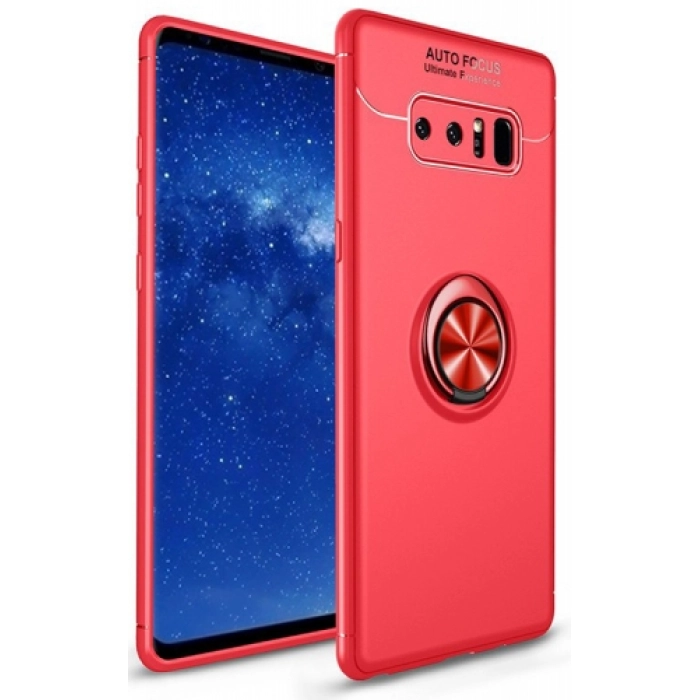 Samsung Galaxy Note 8 Kılıf Renkli Silikon Yüzüklü Standlı Auto Focus Ravel Kapak - Kırmızı