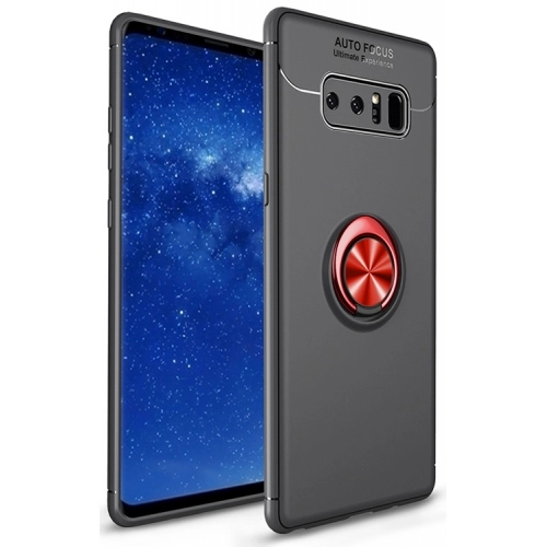 Samsung Galaxy Note 8 Kılıf Renkli Silikon Yüzüklü Standlı Auto Focus Ravel Kapak - Kırmızı - Siyah